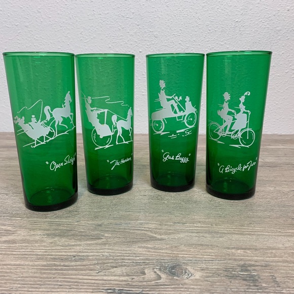 Vintage Anchor Hocking 14 Oz,  6.5" Tall Green Tom collins "Buggy" Glasses - Picture 1 of 7
